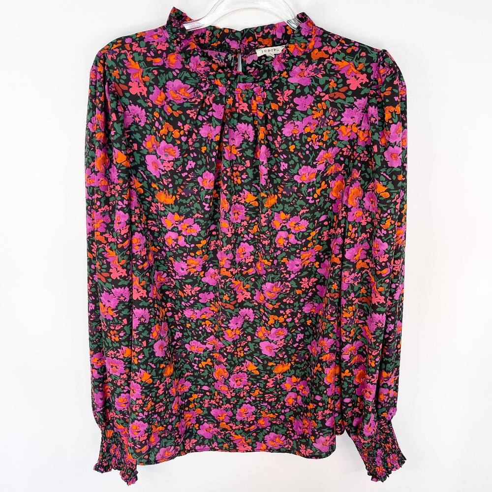 JODIFL Black Floral Blouse High Neck Smocked Wrist Boho Women Size Large